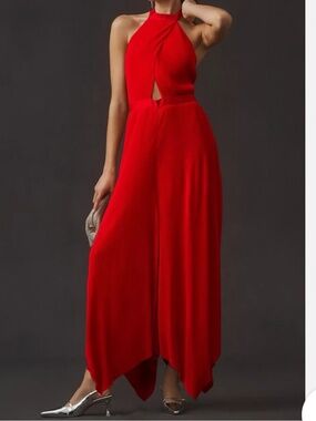 By Anthropologie Plisse Halter Jumpsuit NWT Sz 2 Style 4124348690014 Wide Leg